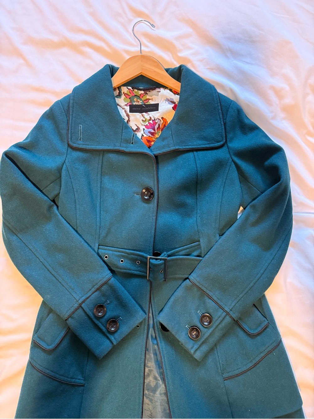Steve Madden Teal Wool-Blend Belted Pea Coat